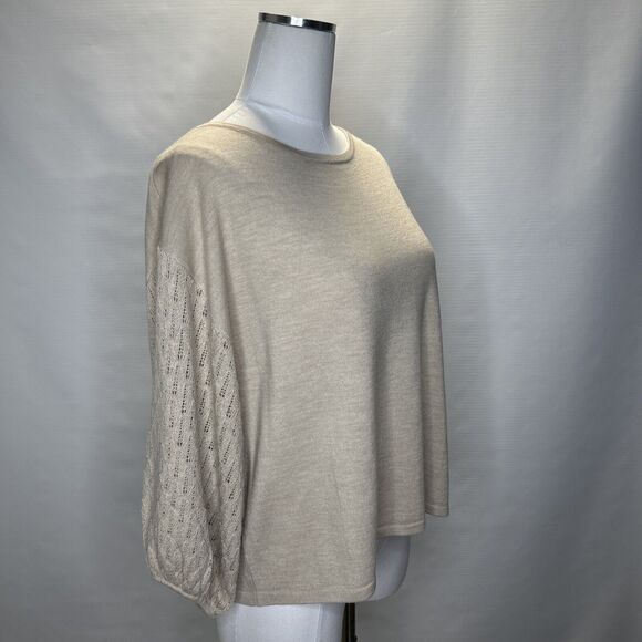 Garnet Hill Relaxed Fit Sweater Women’s Small Tan Pointelle Knit Balloon Sleeve - Picture 2 of 10